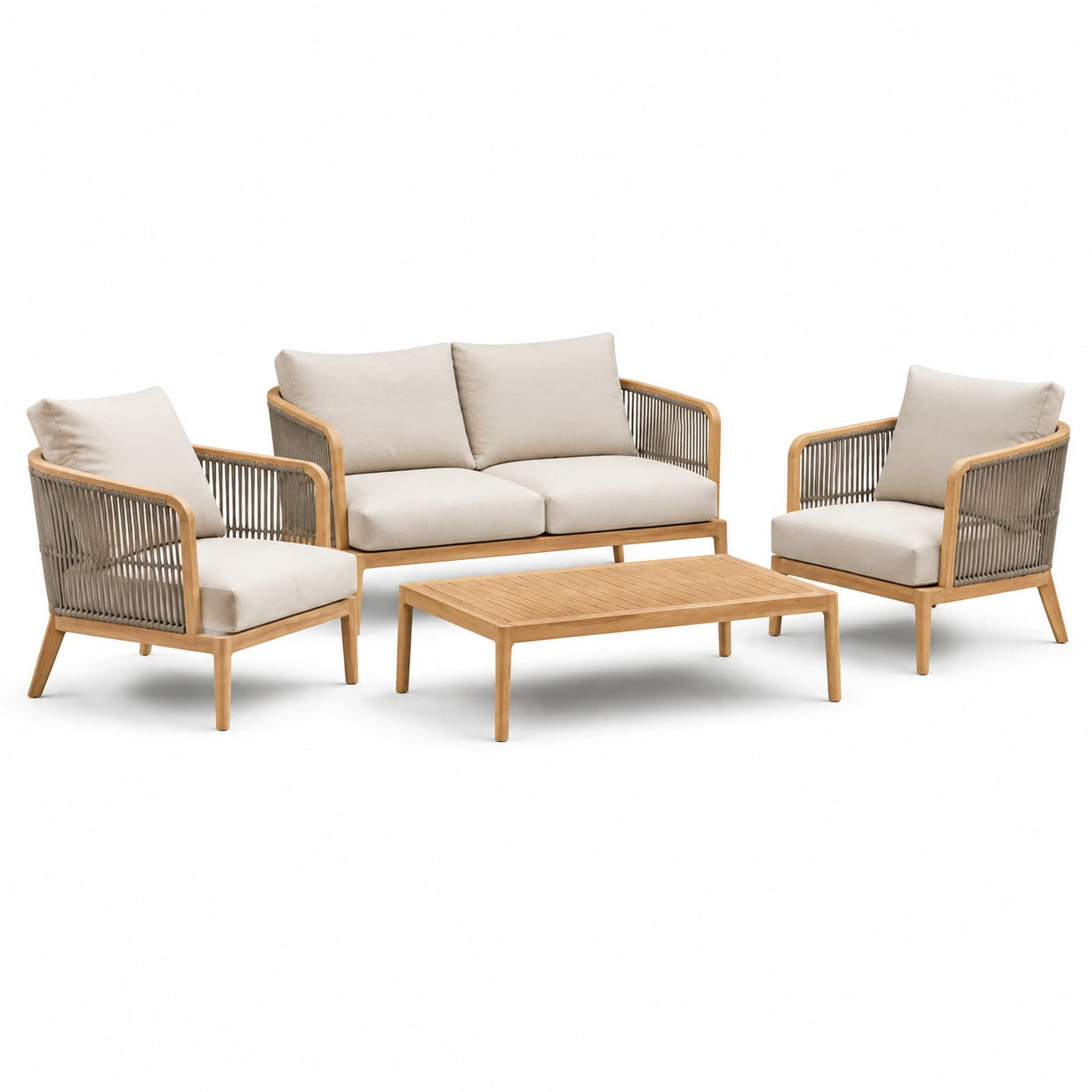 Set di mobili da esterno in legno con cuscini beige