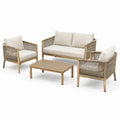 Set da salotto in legno teak e corda con cuscini crema