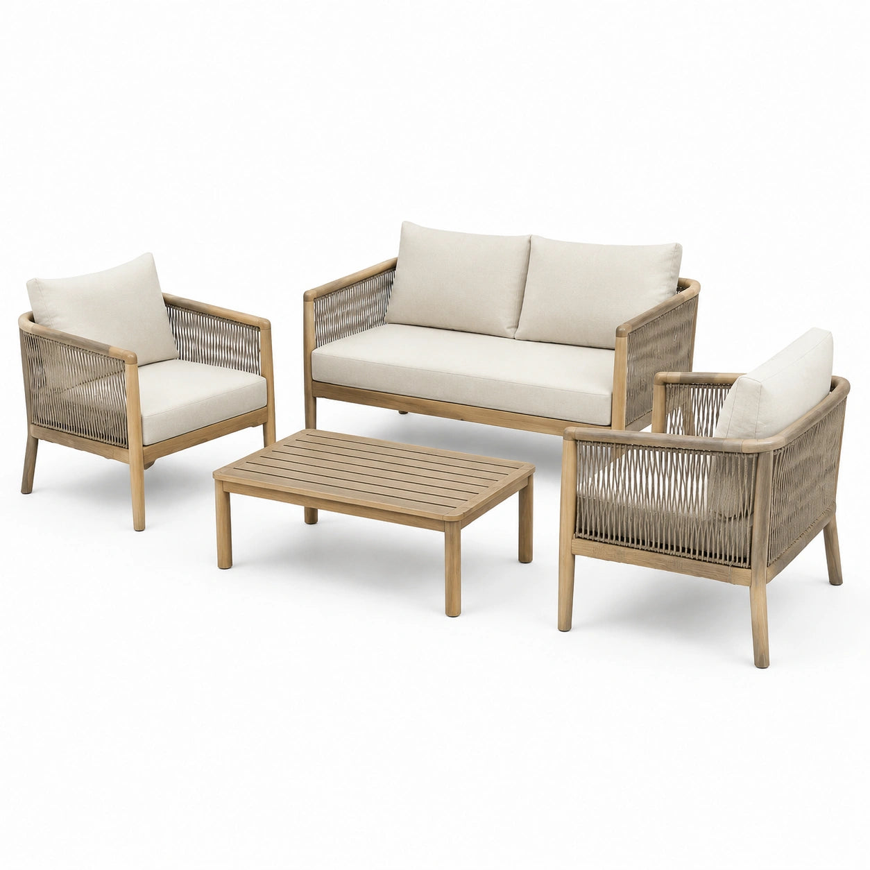 Set da salotto in legno teak e corda con cuscini crema