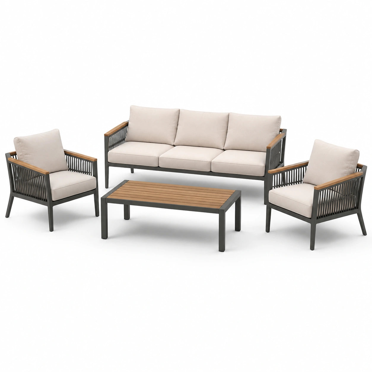 Set da salotto da esterno in alluminio e legno di acacia con cuscini beige