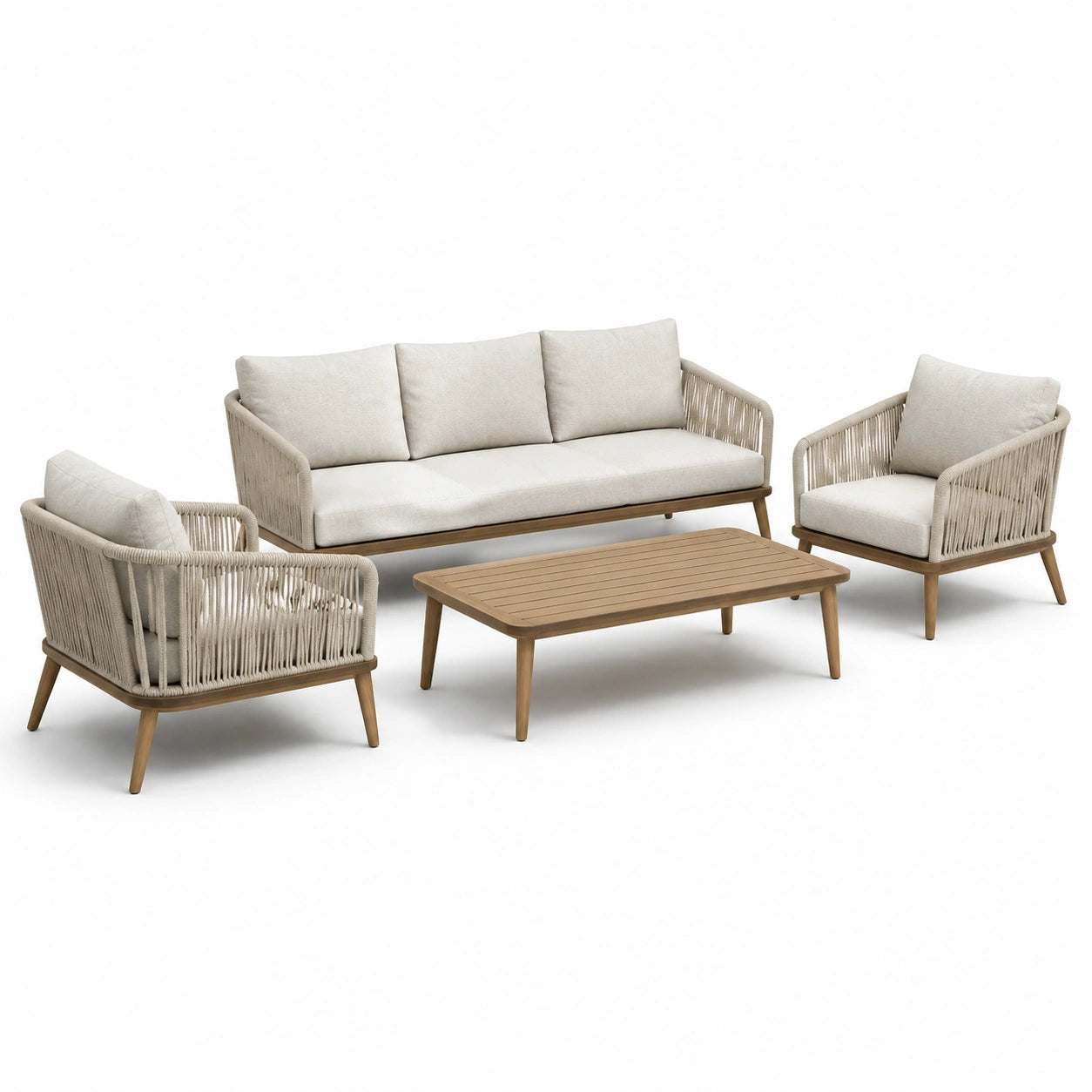 Set salotto da giardino in legno e corda sabbia