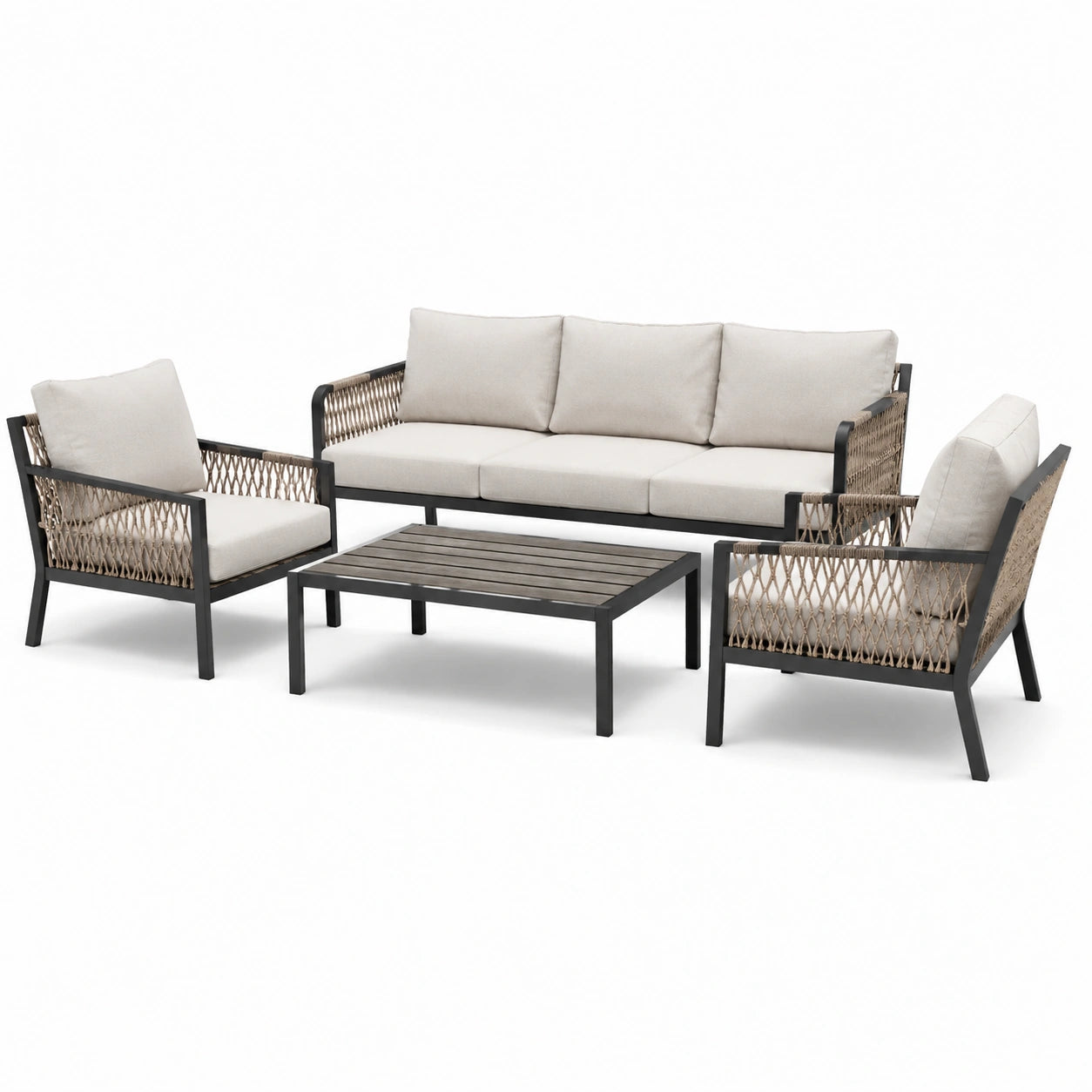 Set da esterno in alluminio e corda beige con tavolino