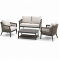 Set salotto da giardino in metallo e rattan con cuscini beige composto da divano due posti, due poltrone e tavolino