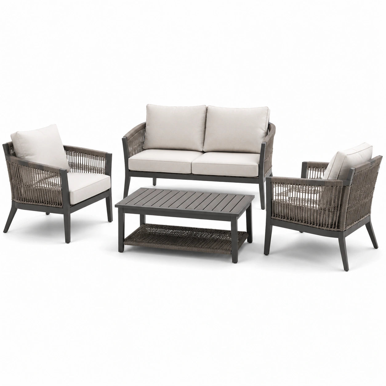 Set salotto da giardino in metallo e rattan con cuscini beige composto da divano due posti, due poltrone e tavolino
