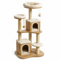 Albero tiragraffi in legno e tessuto beige per gatti con cuccia e piattaforme