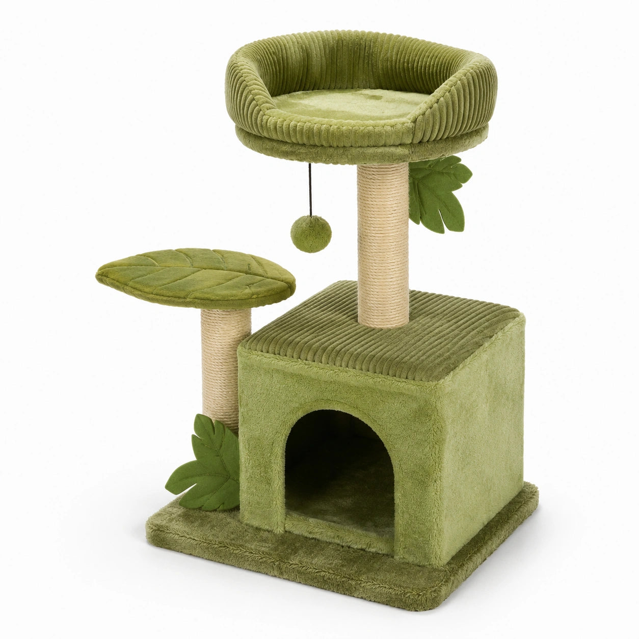 Tiragraffi per Gatti con Cuccia e Piattaforma in Sisal e Velluto Verde
