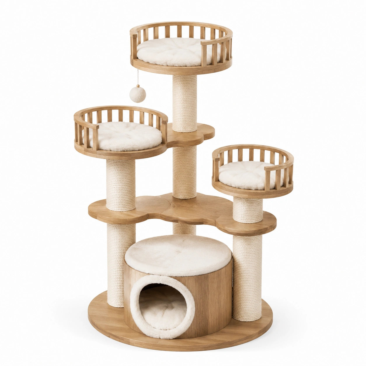 Albero Tiragraffi in Legno di Quercia e Cuscini in Peluche Beige