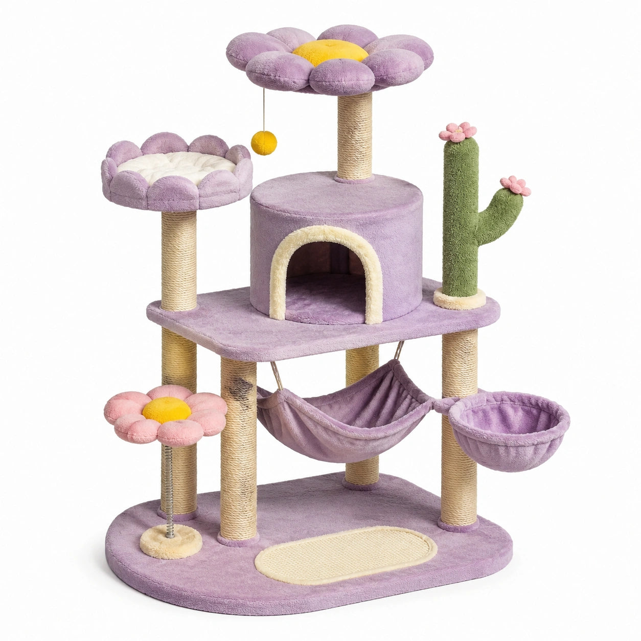 Tiragraffi per Gatti in Legno e Poliestere con Fiori e Cactus