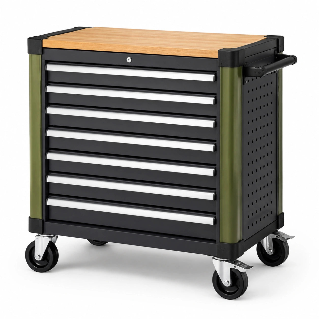 Carrello portautensili nero e verde con 7 cassetti in metallo e piano in legno, 87x46x90 cm