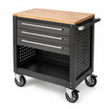 Carrello in acciaio con piano in legno e cassetti