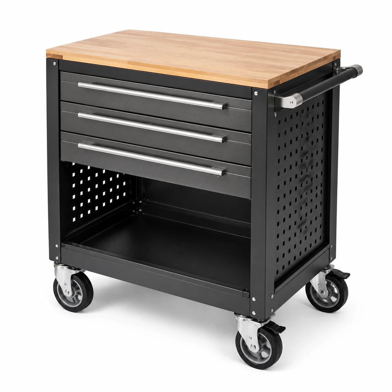 Carrello in acciaio con piano in legno e cassetti