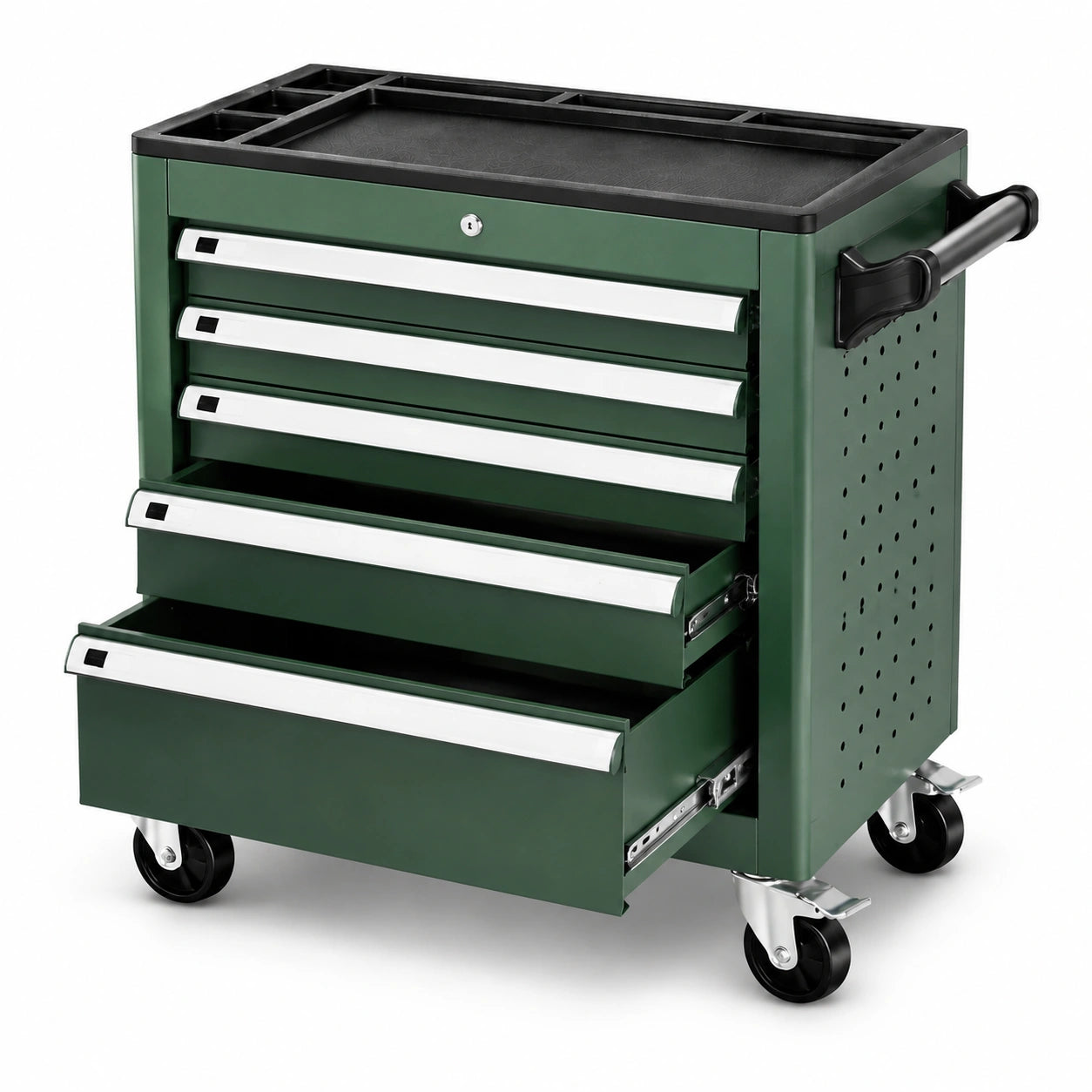 Carrello portautensili in metallo verde con 5 cassetti e ruote
