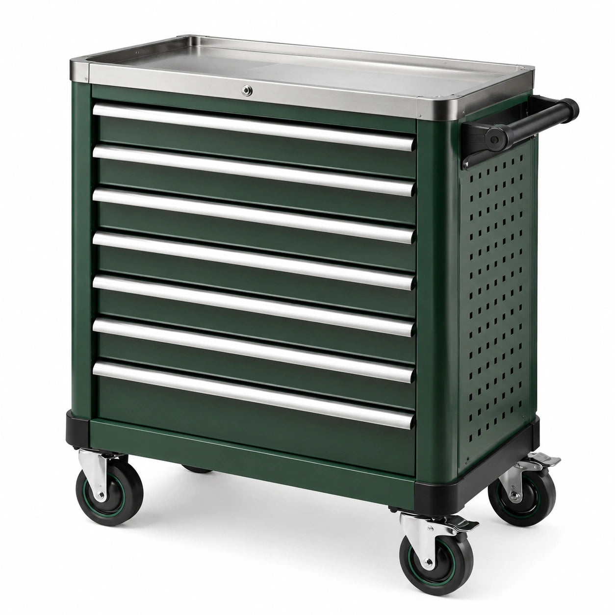 Carrello portautensili in metallo verde con 7 cassetti e ruote