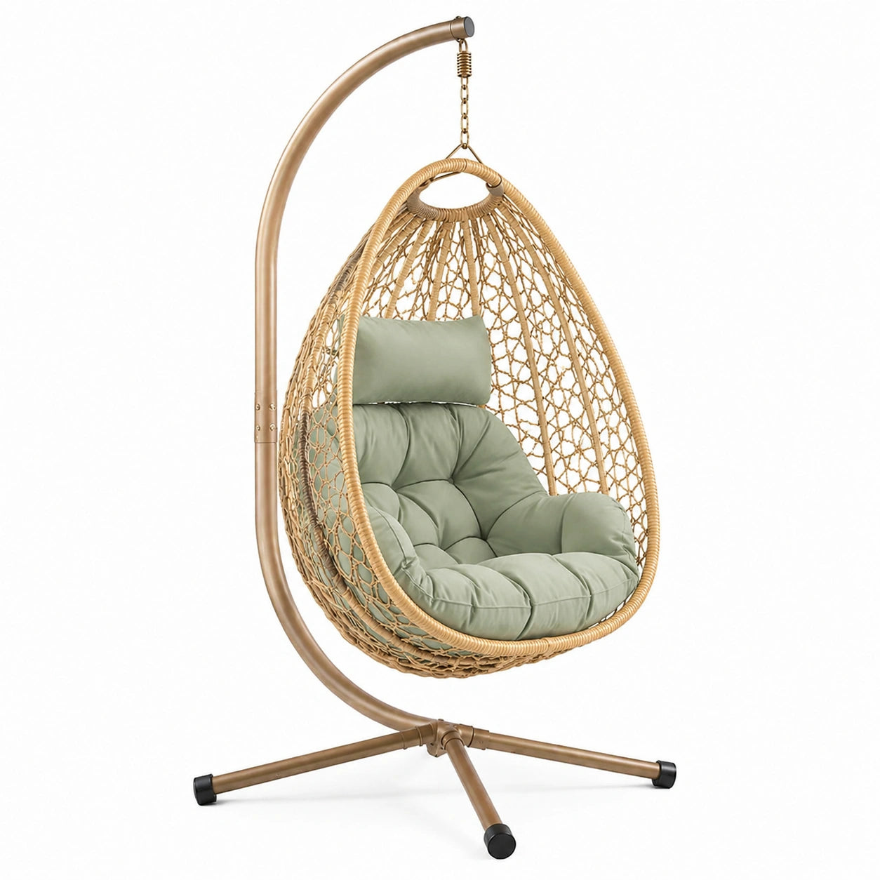 Poltrona sospesa in rattan sintetico con cuscino verde