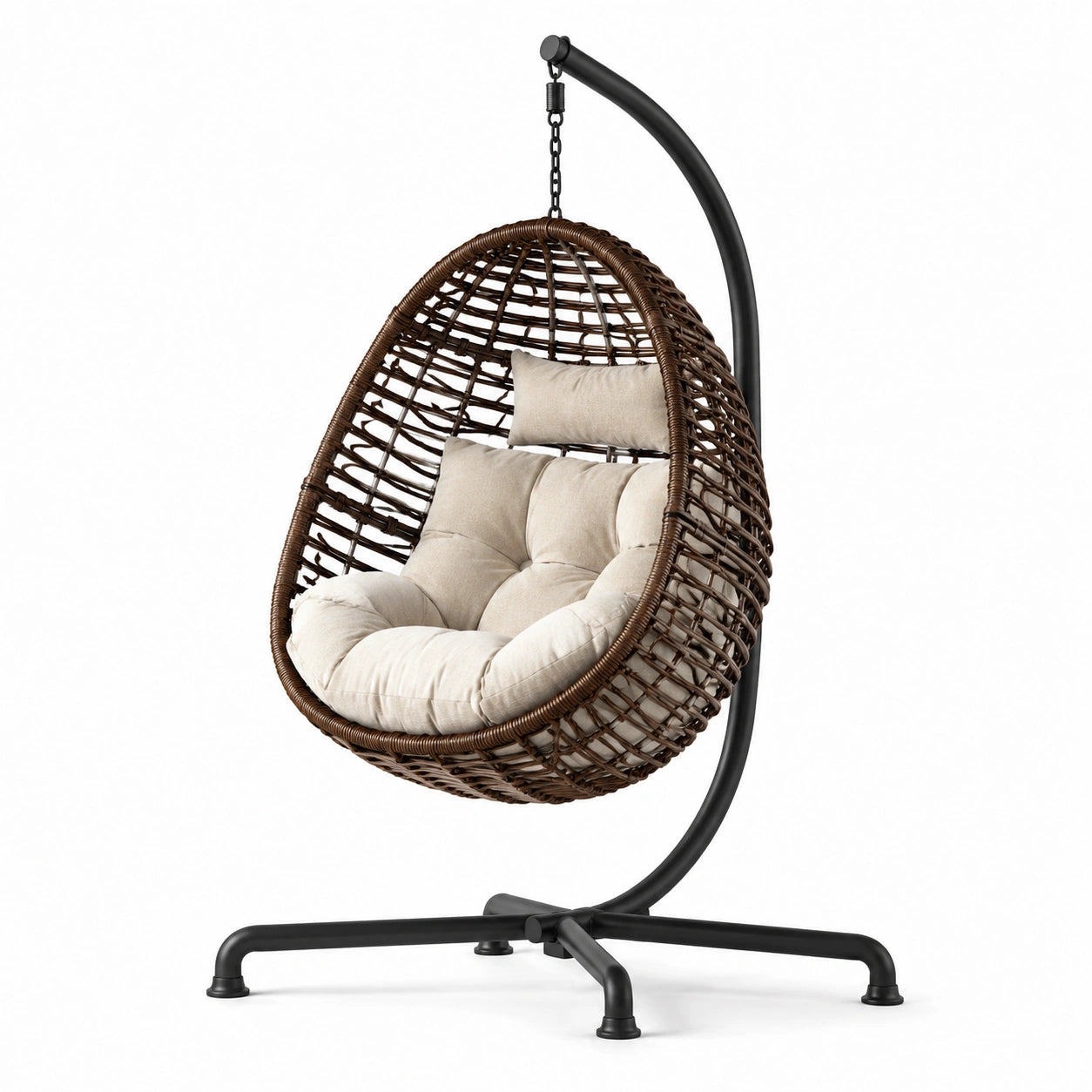 Sedia sospesa in rattan sintetico marrone con cuscini beige