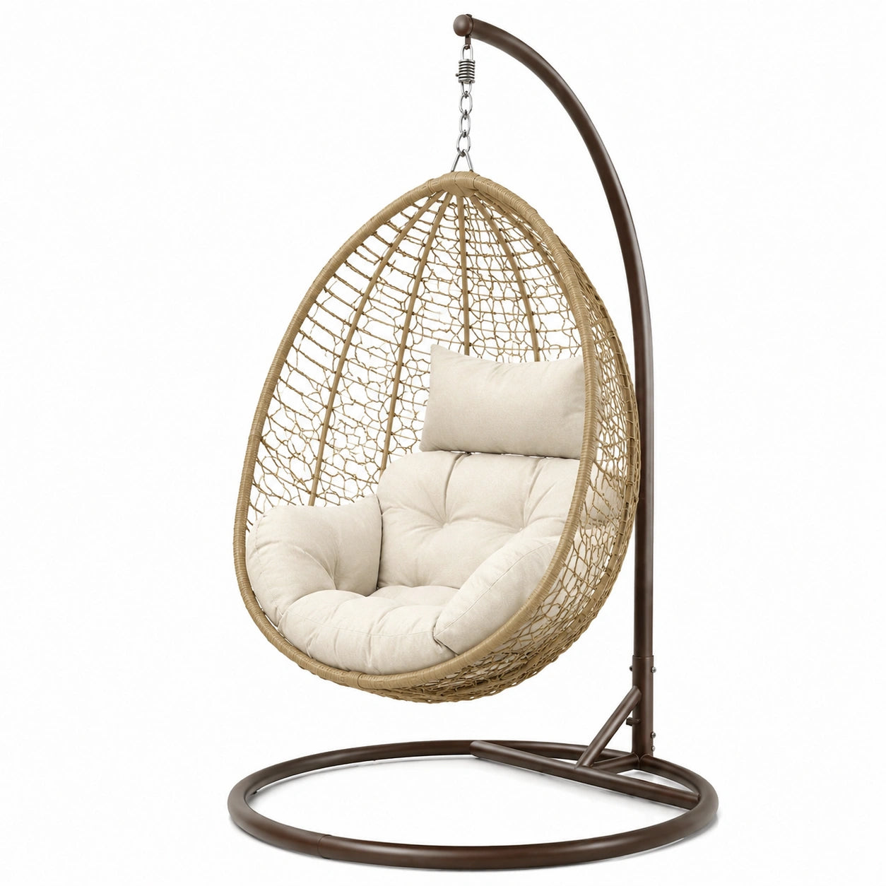 Poltrona a Dondolo Sospesa in Rattan Sintetico con Cuscino Crema e Struttura in Acciaio