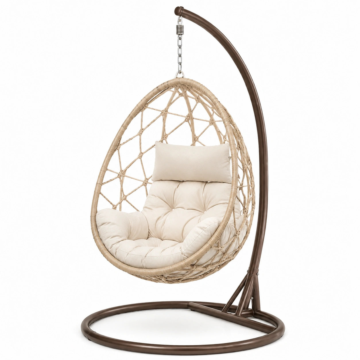 Sedia sospesa in rattan con struttura in metallo e cuscini beige