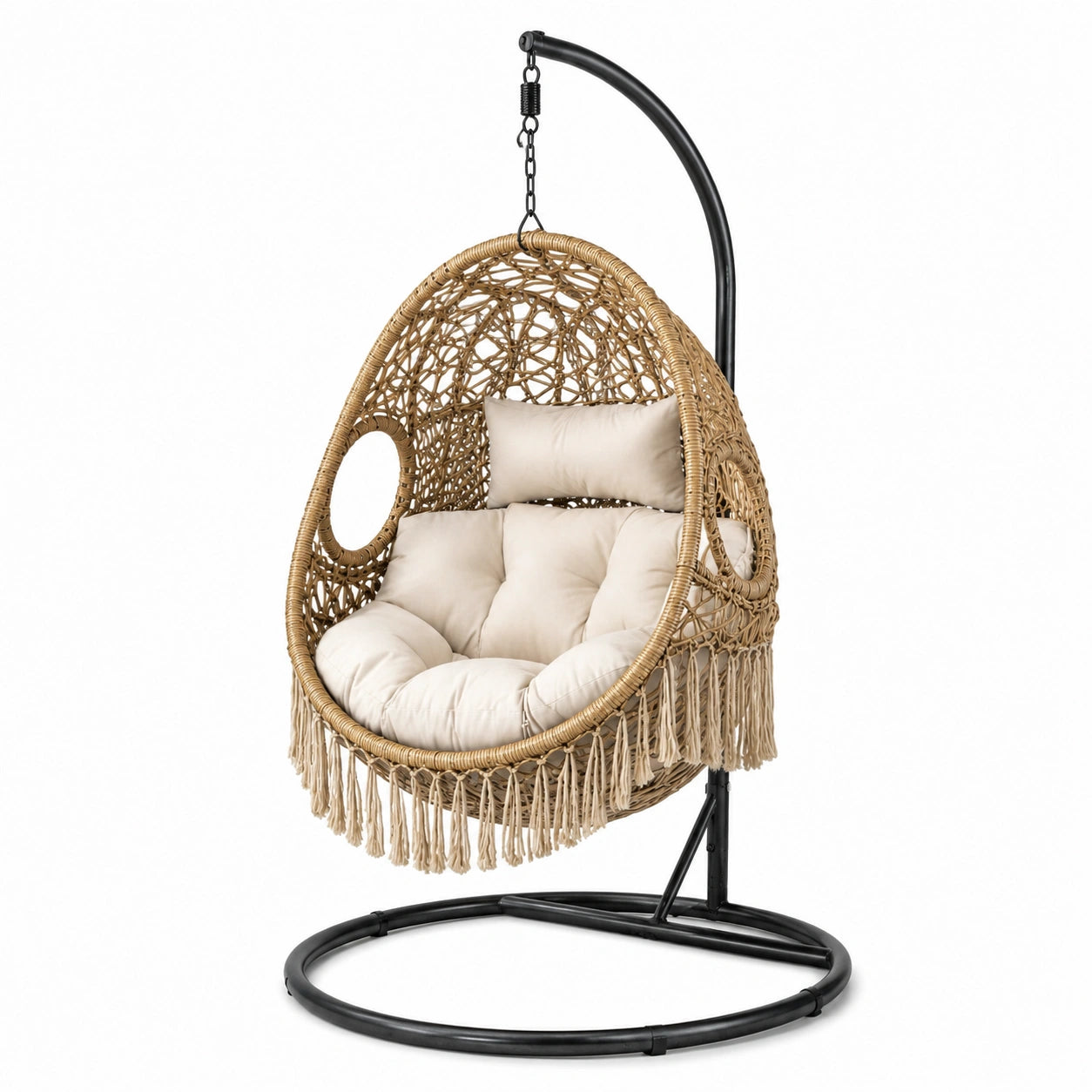 Sedia a Dondolo Sospesa in Rattan Sintetico con Cuscini Beige