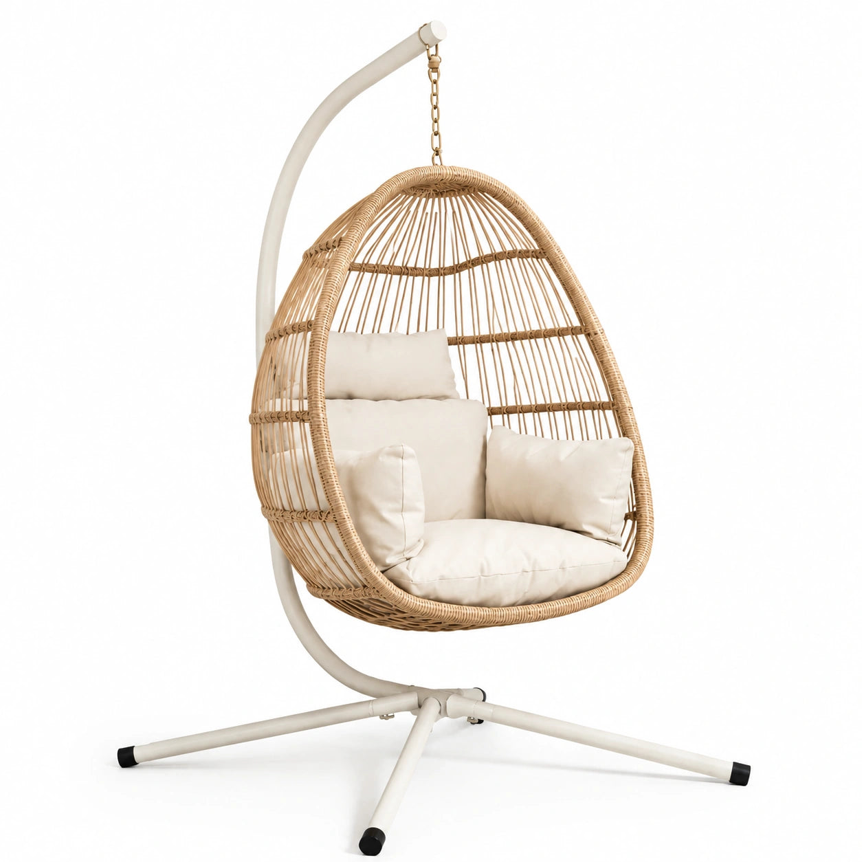 Sedia sospesa in rattan con cuscini crema e supporto in metallo