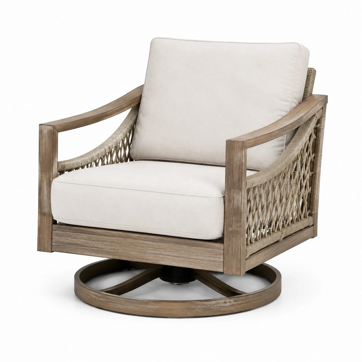 Poltrona girevole in legno e tessuto beige