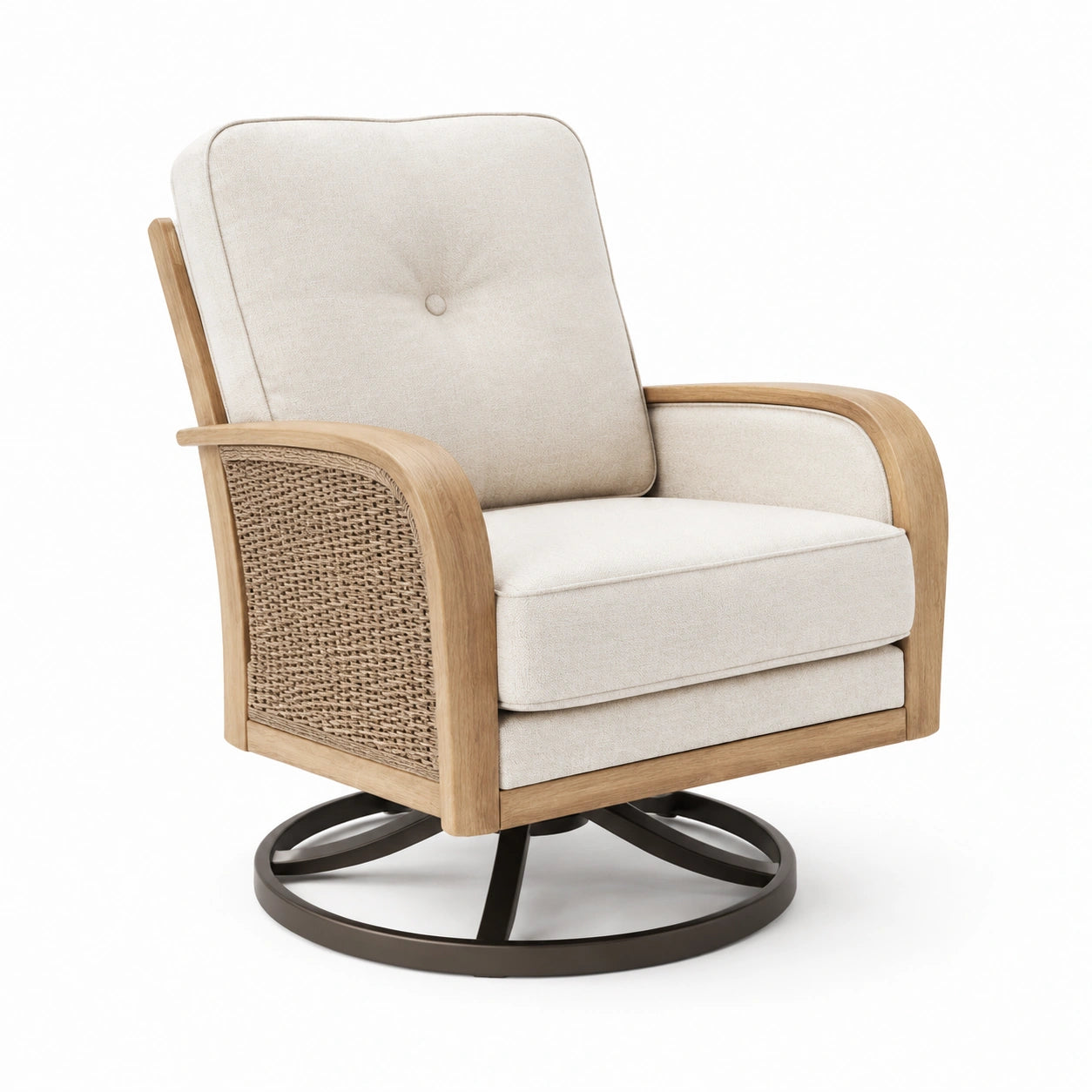 Poltrona girevole in legno e tessuto beige con braccioli in rattan