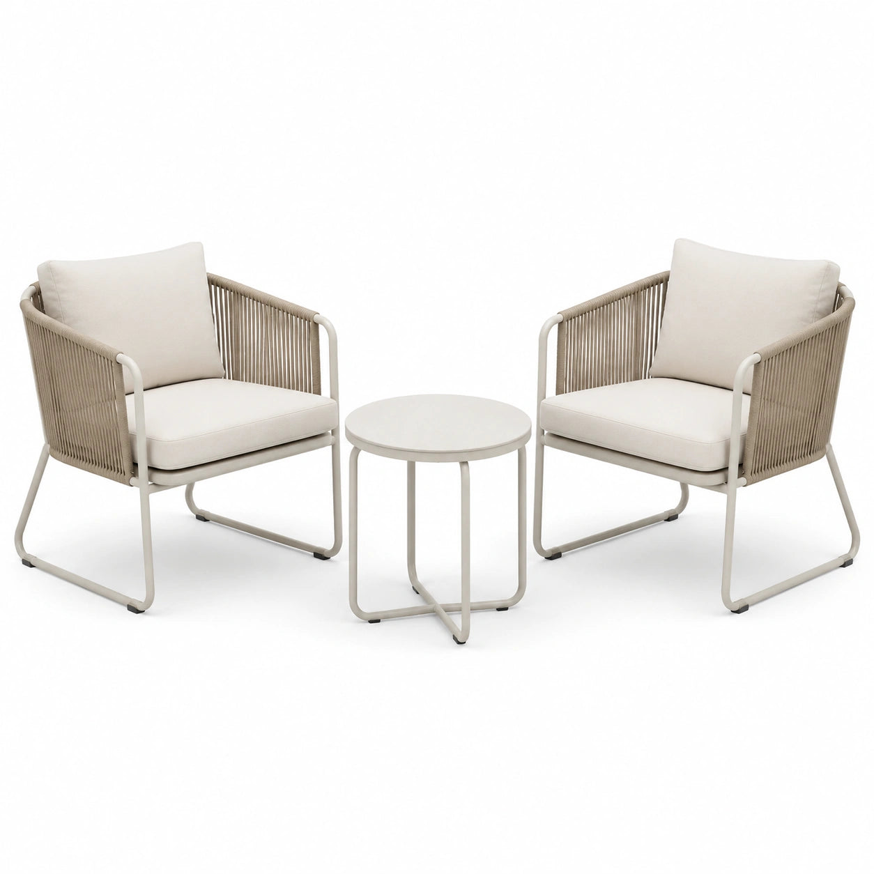 Set da giardino in metallo e corda con due poltrone e tavolino rotondo beige