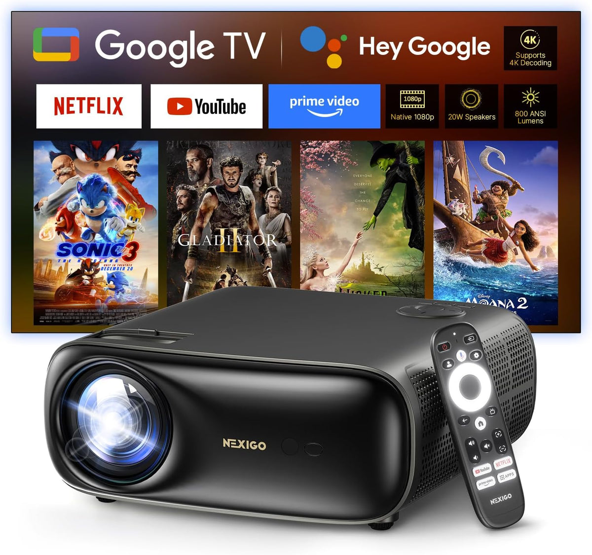 NexiGo, Smart TV, PJ40, 300 pollici, 3,5 mm, 13,5 mm, Nero, USB, Wi-Fi, telecomando, funzionamento senza fili