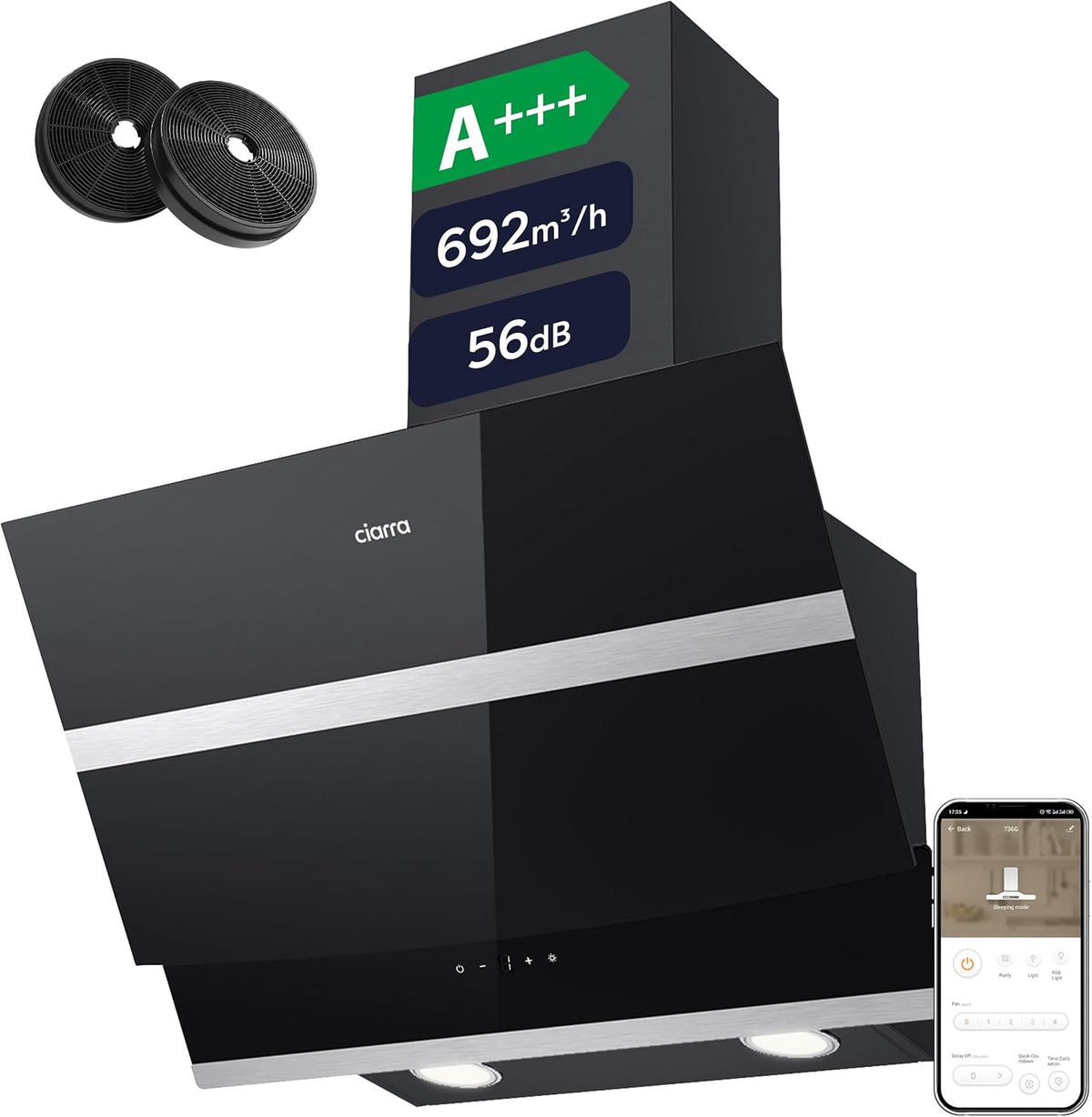 Cappa aspirante, CBCB6736N, CIARRA, 60 cm, 650 m³/h, 58 dB, Nero, illuminazione LED, Wi-Fi
