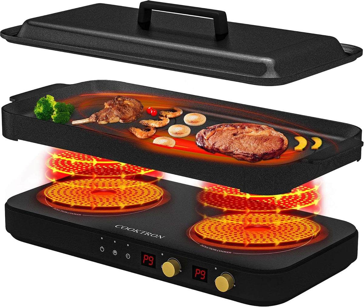 COOKTRON, Piano cottura a induzione, 1800 W, 120°C, Nero, funzione grill, 2 in 1