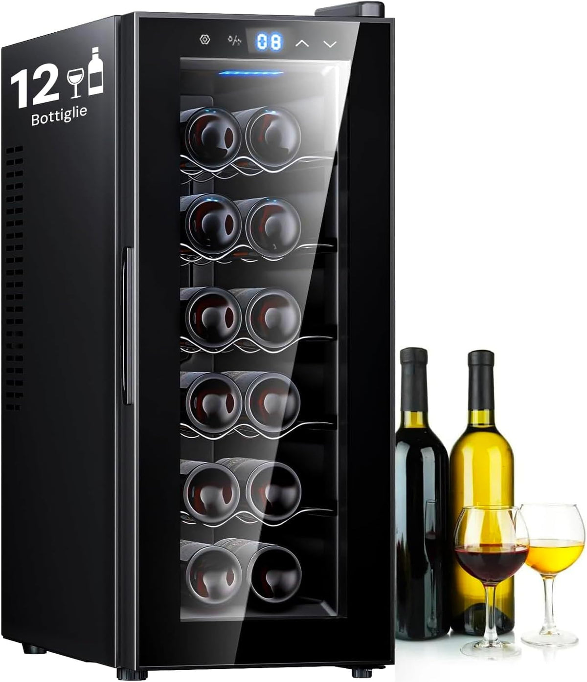 Wintem, Cantinetta vino, 12 Bottiglie, 65 W, 12-18°C, Nero, illuminazione LED