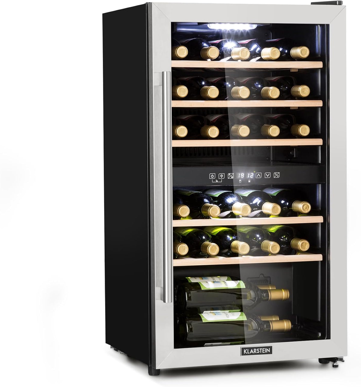 KLARSTEIN, Cantinetta vino, 5-22°C, 29 Bottiglie, 48 x 87 x 43 cm, Nero, acciaio inox, illuminazione LED, protezione UV