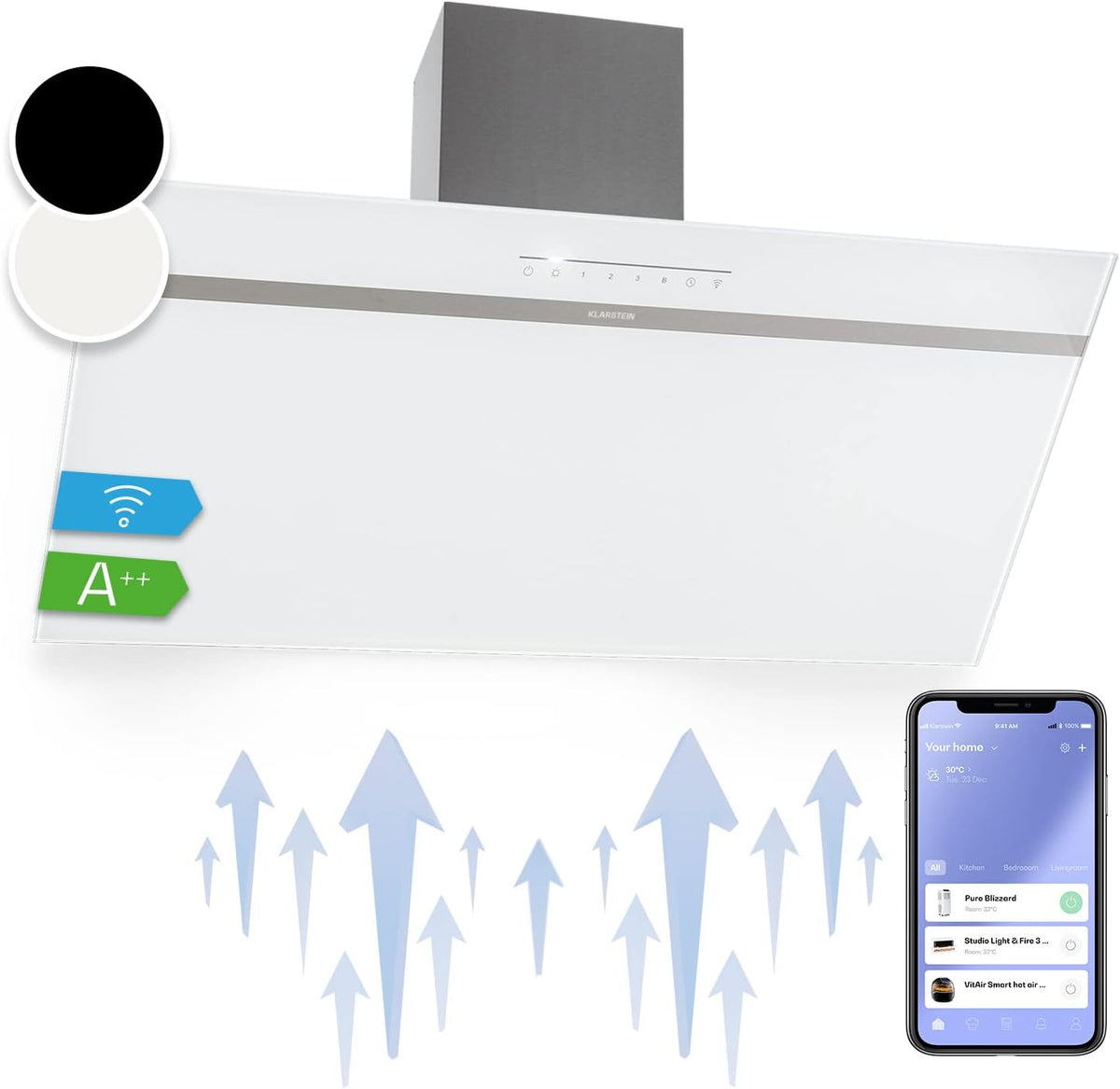 Cappa aspirante, KLARSTEIN, 90 cm, 585 m³/h, 90 x 35 x 38,6 cm, Nero/Argento, alluminio, illuminazione LED, Wi-Fi