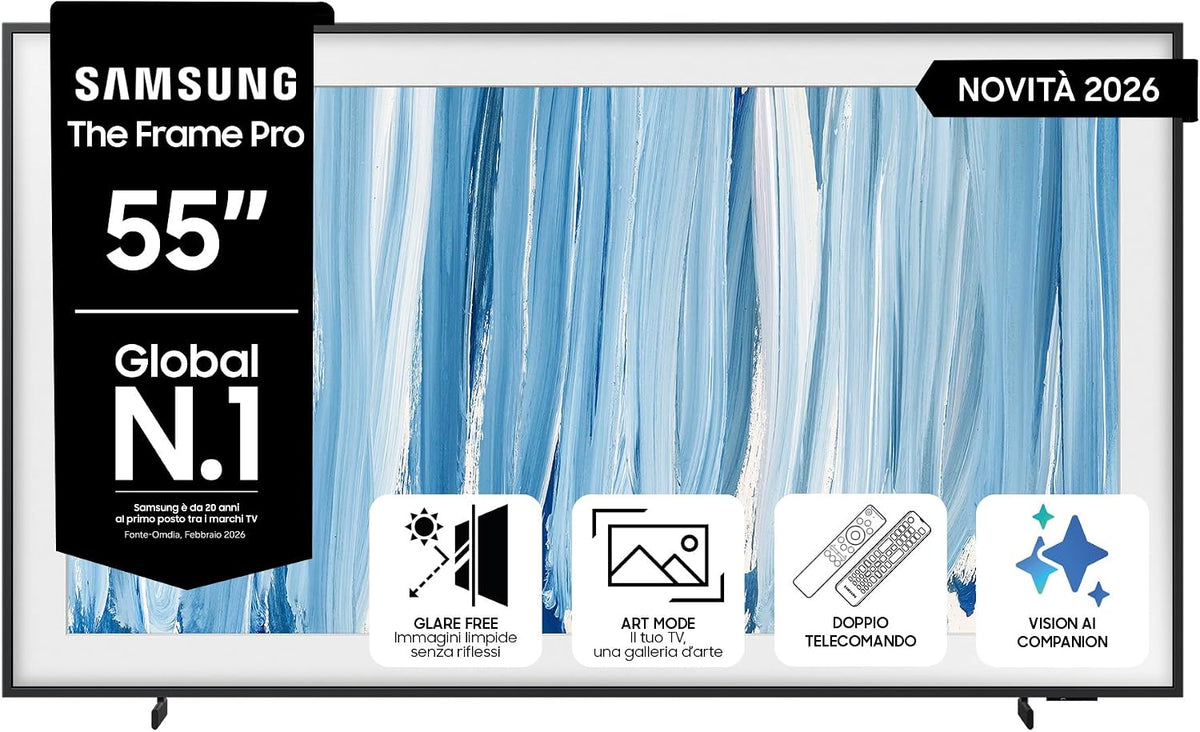 Samsung, Smart TV, QE55LS03HWUXZT, 123,79 x 74,41 x 21,82 cm, Nero, illuminazione LED, Bluetooth, Wi-Fi, telecomando, funzionamento senza fili
