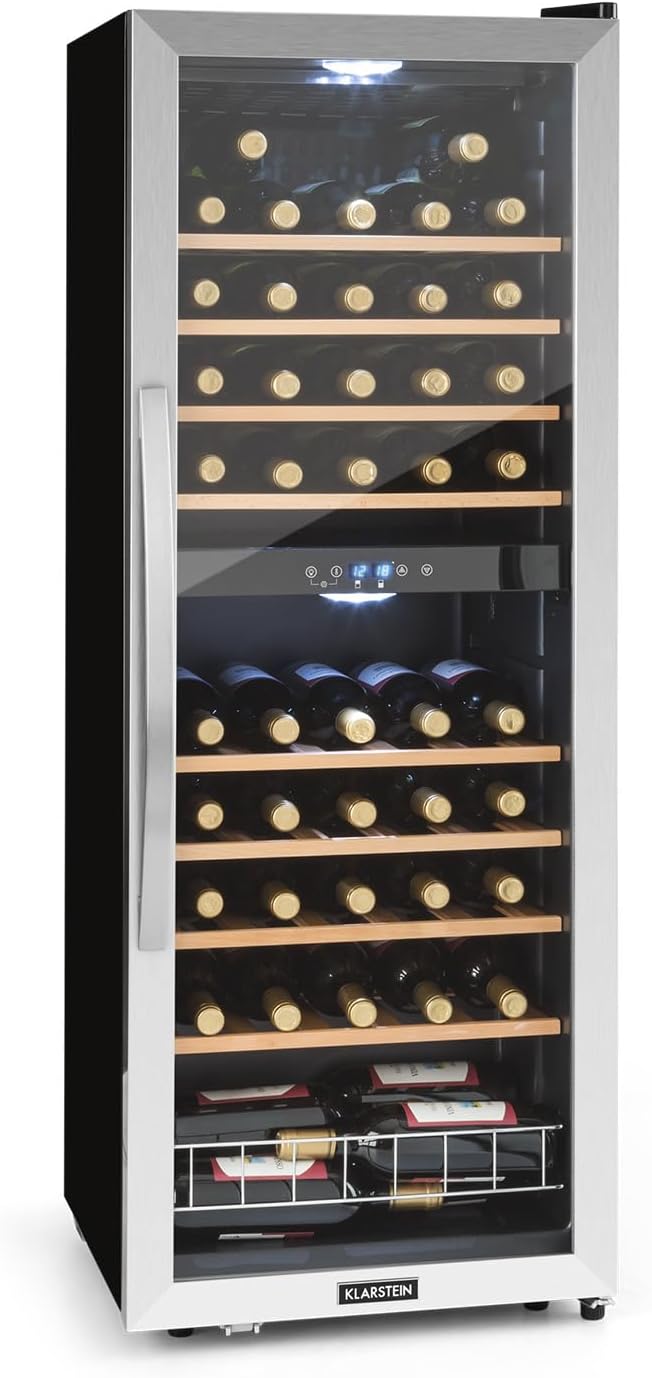 KLARSTEIN, Cantinetta vino, 5-18°C, 54 Bottiglie, 48 x 128 x 46 cm, Nero, acciaio inox, illuminazione LED, protezione UV