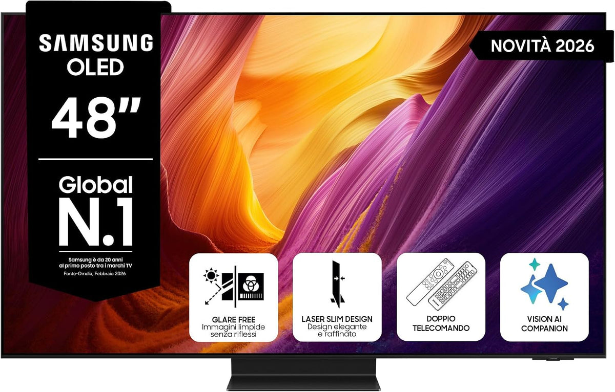 Samsung, Smart TV, QE48S95HATXZT, 106,93 x 61,99 x 3,96 cm, 48 pollici, Nero, telecomando