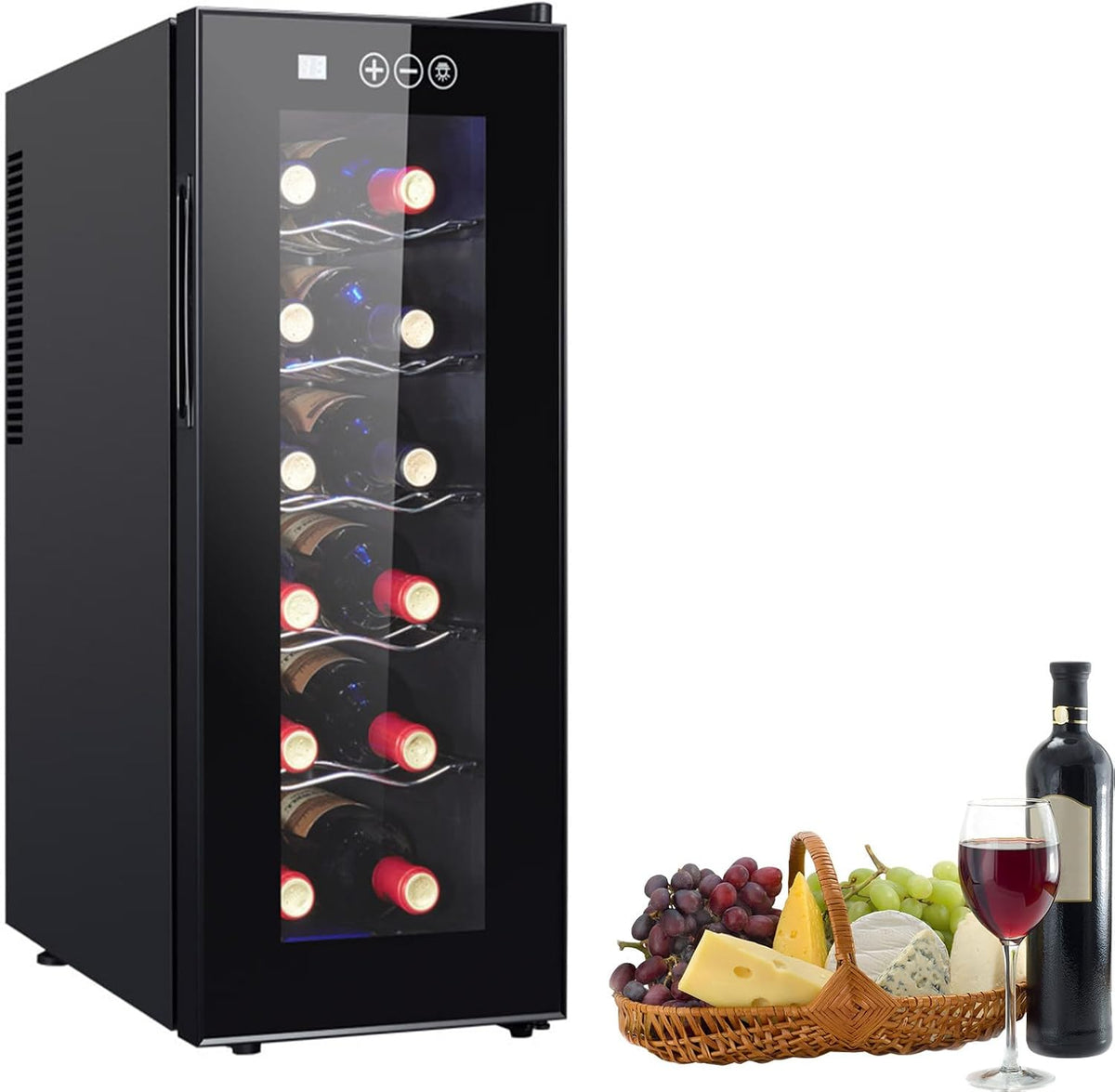 GQKVQ, Cantinetta vino, 12 Bottiglie, 12-18°C, 55 W, Nero, acciaio inox, illuminazione LED, protezione UV