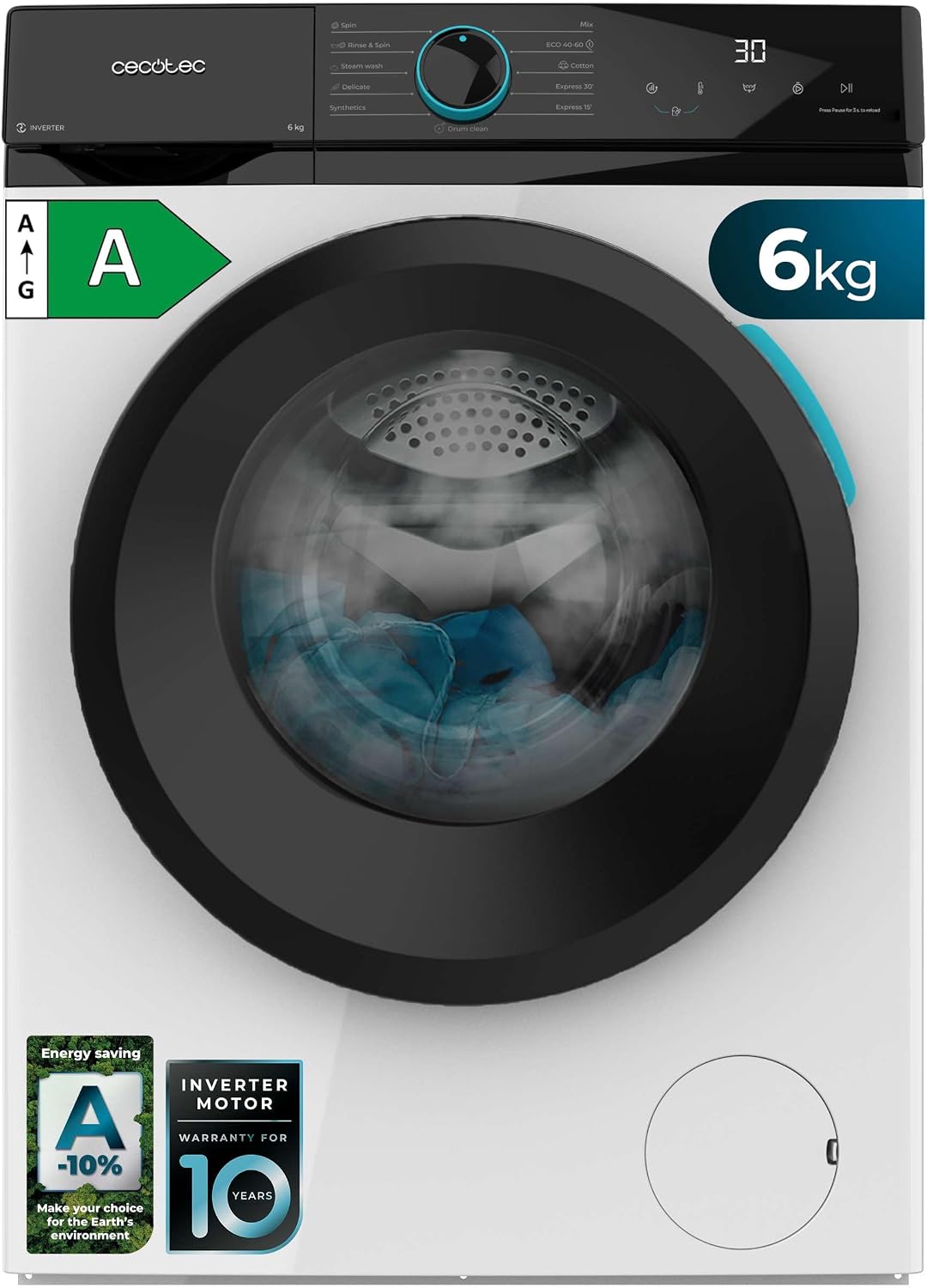 Cecotec, Lavatrice, 1200RPM, 6 Kg, Bianco, illuminazione LED, motore inverter
