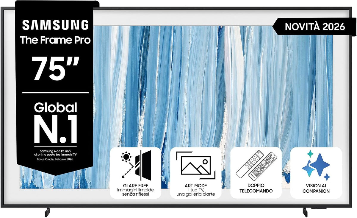 Smart TV, QE75LS03HWUXZT, Samsung, 168,23 x 99,86 x 31,98 cm, Nero, illuminazione LED, Bluetooth, Wi-Fi, telecomando, funzionamento senza fili
