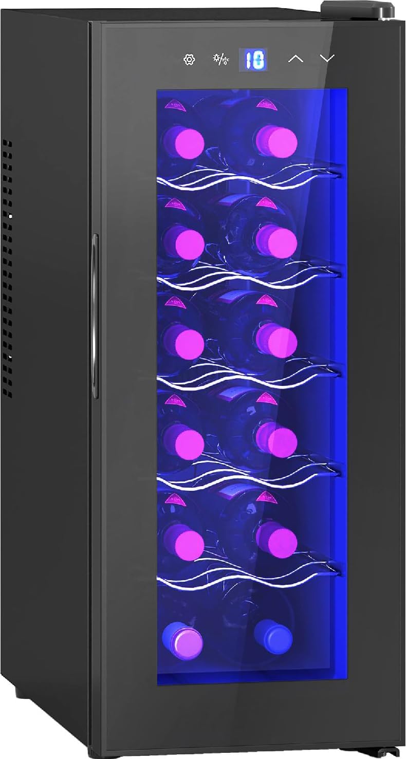 DecHome, Cantinetta vino, 12 Bottiglie, 18°C, 26.5 L, Nero, illuminazione LED, protezione UV