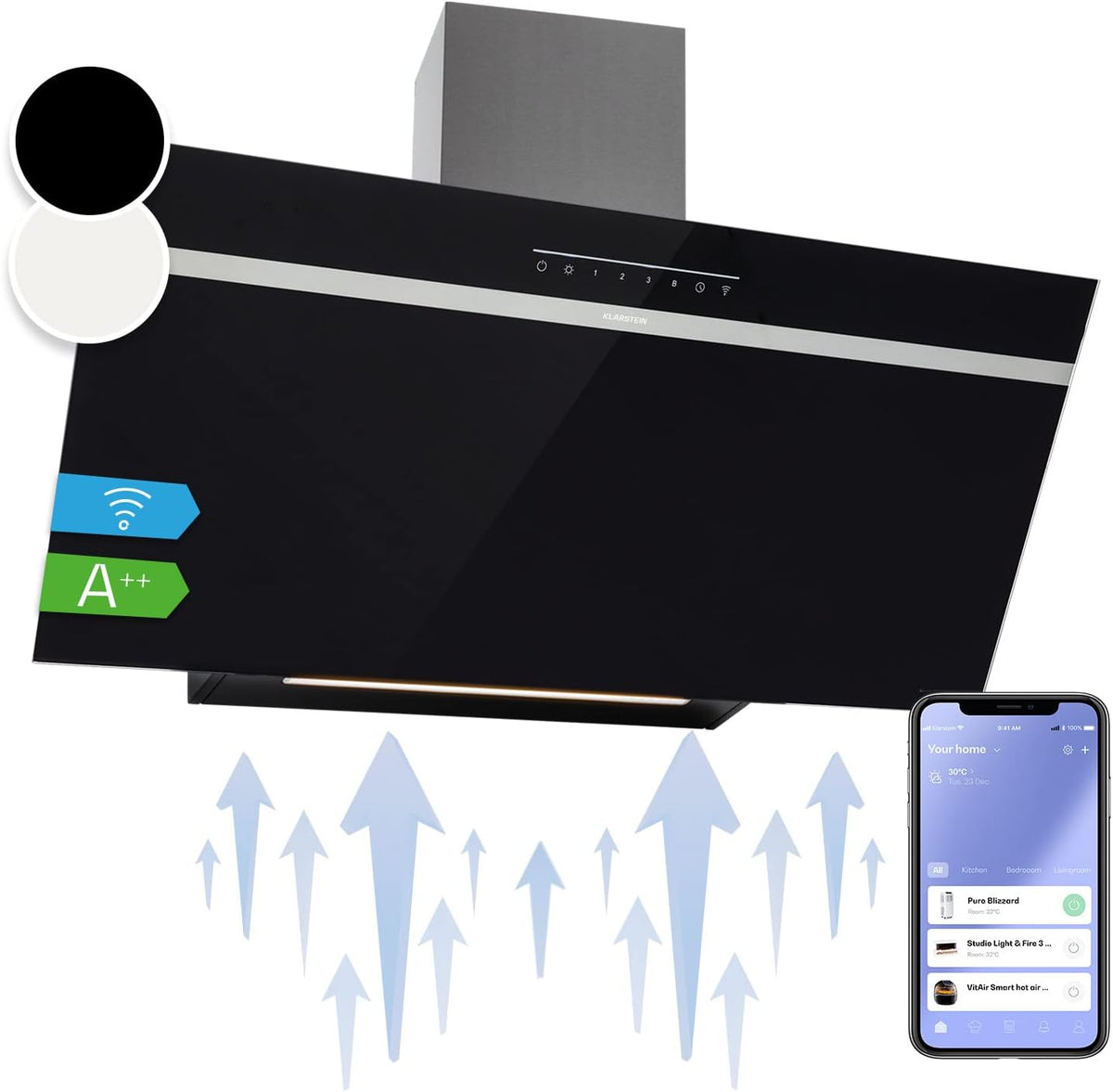KLARSTEIN, Cappa aspirante, 90 cm, 585 m³/h, 90 x 35 x 38,6 cm, Nero/Argento, alluminio, illuminazione LED, Wi-Fi