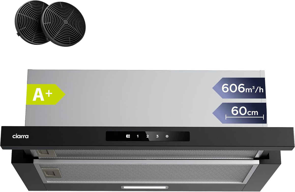 CIARRA, Cappa aspirante, CBCB6909A, 60 cm, 606 m³/h, 60 dB, Nero, illuminazione LED