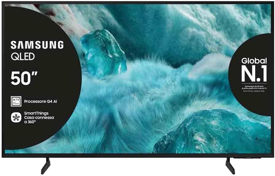 Samsung, Smart TV, QE50Q7F4AUXZT, 112,03 x 69,4 x 23,7 cm, 50 pollici, Nero, Bluetooth, Wi-Fi, telecomando, funzionamento senza fili