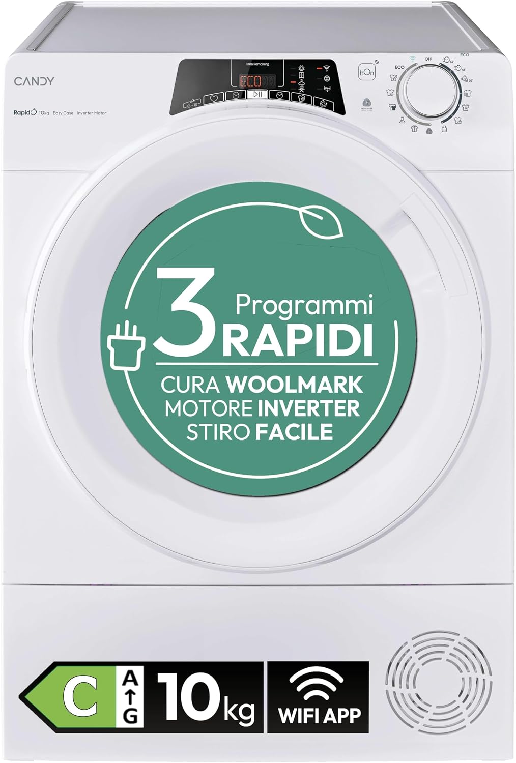 CANDY, Asciugatrice, 10 Kg, 64 dB, Bianco, Wi-Fi, motore inverter, pompa di calore