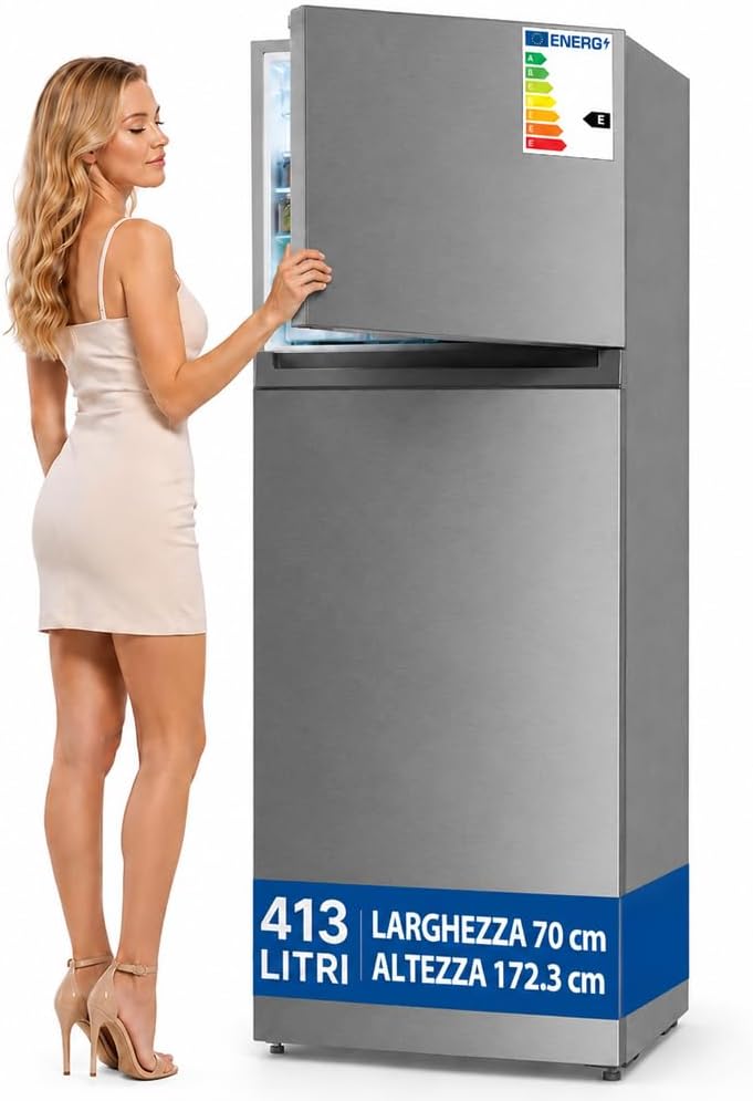 BAKAJI, Frigorifero, 70 x 67 x 172.3 cm, 413 Litri, Bianco/Grigio, vano contenitore, No Frost