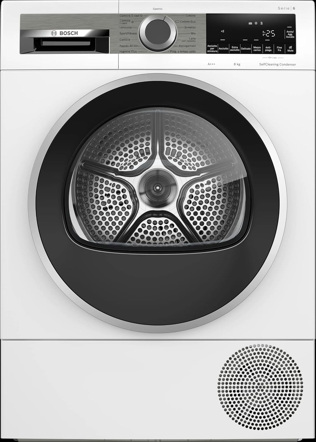 Asciugatrice, WQG235C0IT, Bosch, 8 Kg, 842 x 598 x 613 mm, 64 dB, Bianco, illuminazione LED, Wi-Fi, autopulizia, pompa di calore
