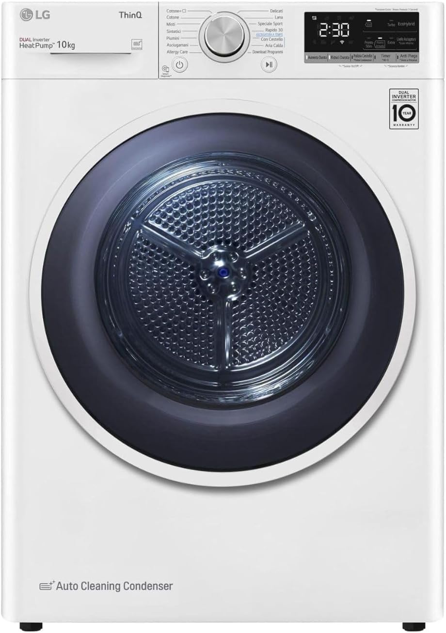 LG, Asciugatrice, RH10V9AV4W, 10 kg, Bianco, Wi-Fi, autopulizia, motore inverter, pompa di calore
