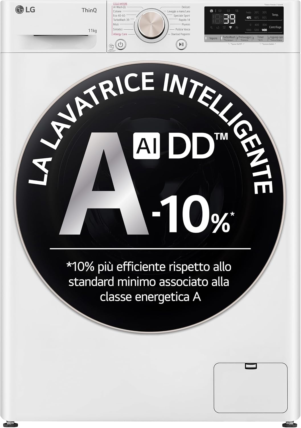 LG, Lavatrice, F4R7011TSWG, 11 kg, 56,5 cm, Bianco, acciaio inox, Wi-Fi, motore inverter