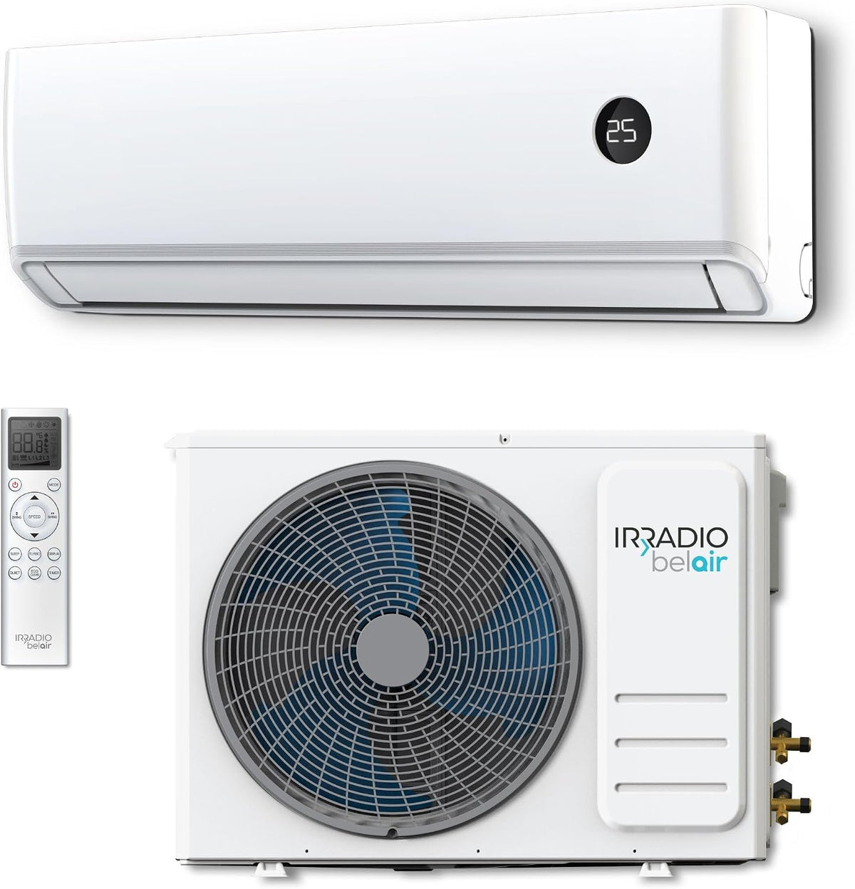 Condizionatore, R32, Irradio BelAir, 9000 BTU, 240 V, Bianco, telecomando, timer, motore inverter, pompa di calore, funzionamento senza fili
