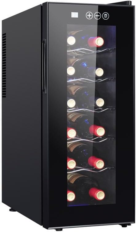 GQKVQ, Cantinetta vino, 12 Bottiglie, 12-18°C, 55 W, Nero, acciaio inox, illuminazione LED, protezione UV