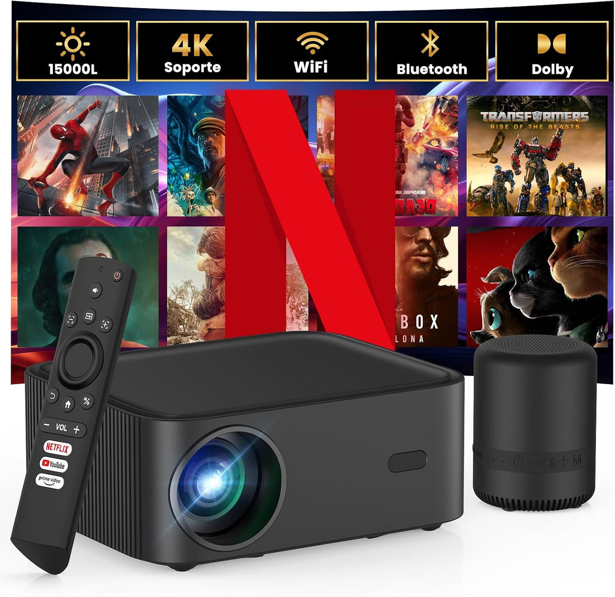 Proiettore, 1080P, HOPVISION, 15000 L, 3,5 mm, Nero, illuminazione LED, USB, Bluetooth, Wi-Fi, telecomando